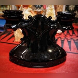 Vintage pair of LE SMITH black glass double-candle holder